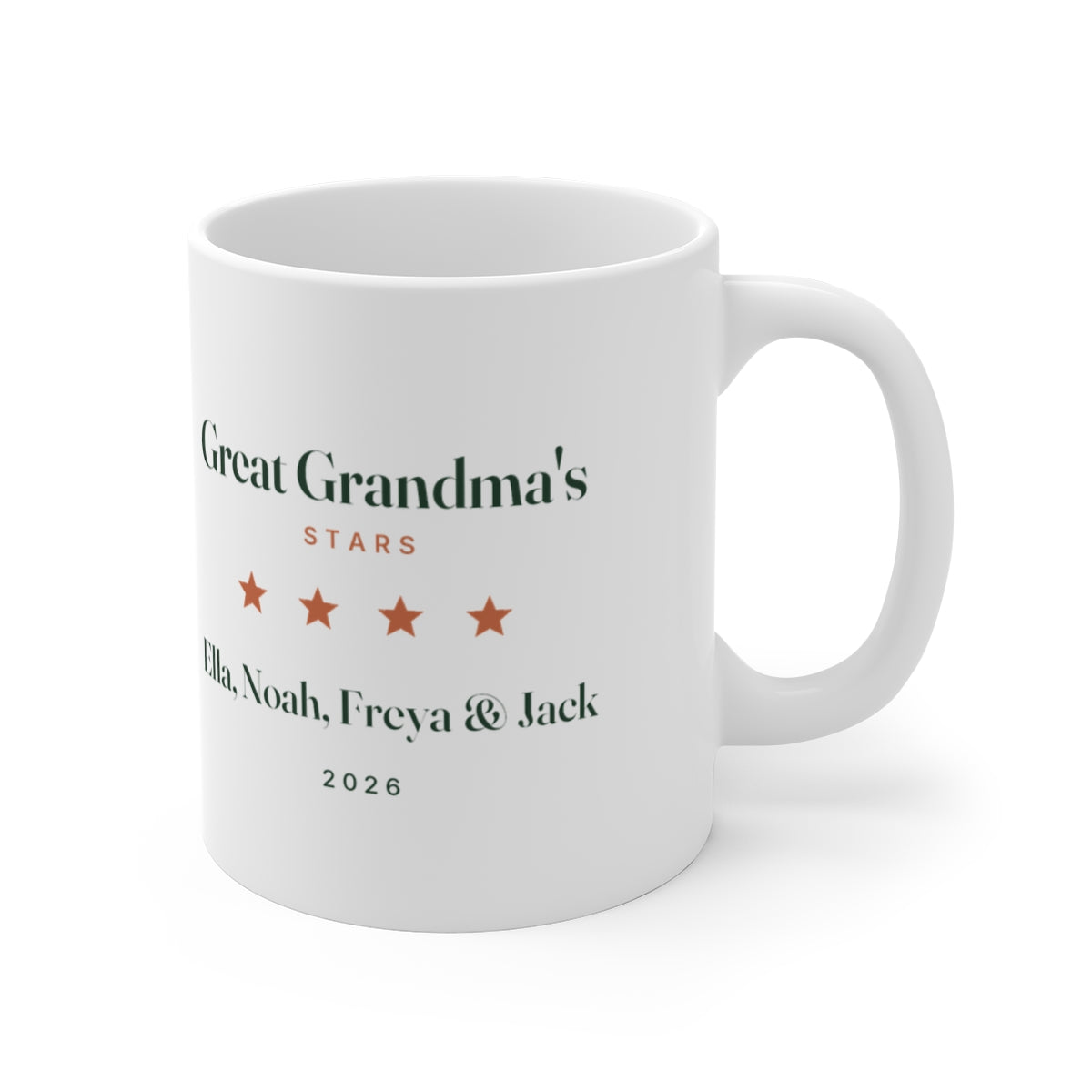 Great Grandma's Stars mug mock-up seen from the other side, handle on the right, sample names 'Ella, Noah, Freya & Jack'
