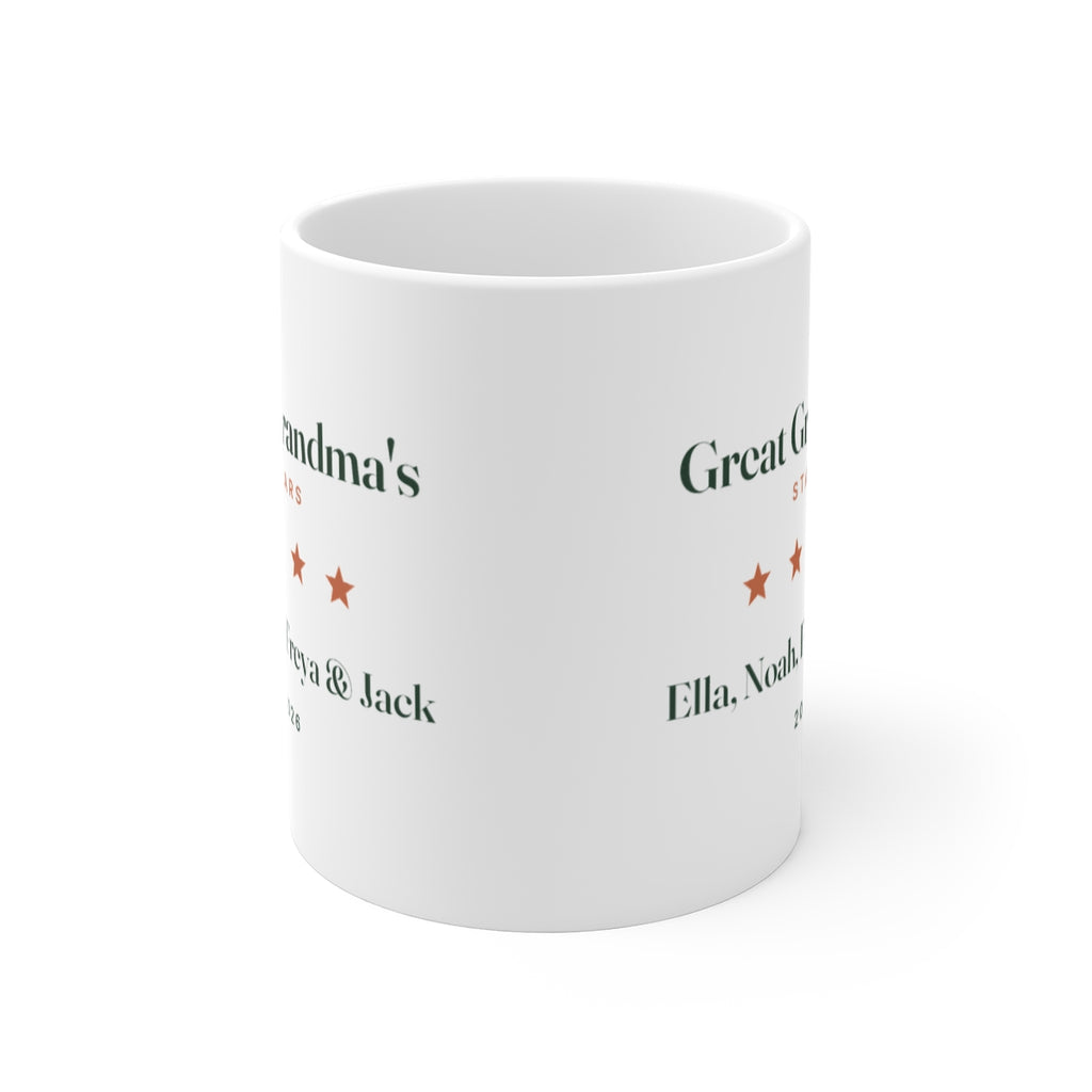 Great Grandma's Stars mug mock-up seen front-on with the handle hidden, showing the design printed on both sides of the mug