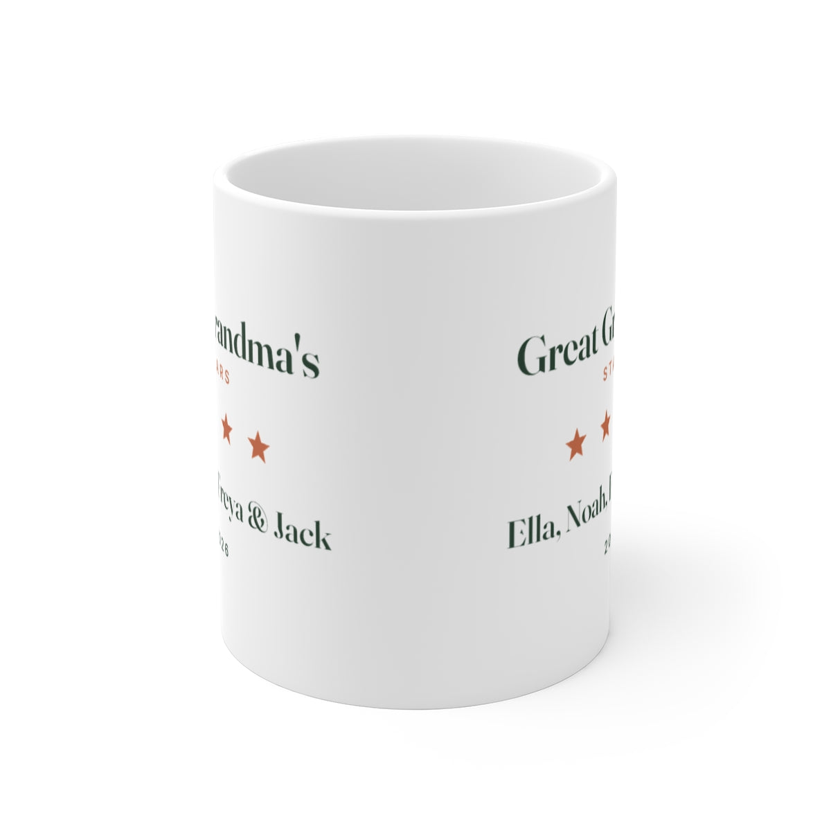 Great Grandma's Stars mug mock-up seen front-on with the handle hidden, showing the design printed on both sides of the mug