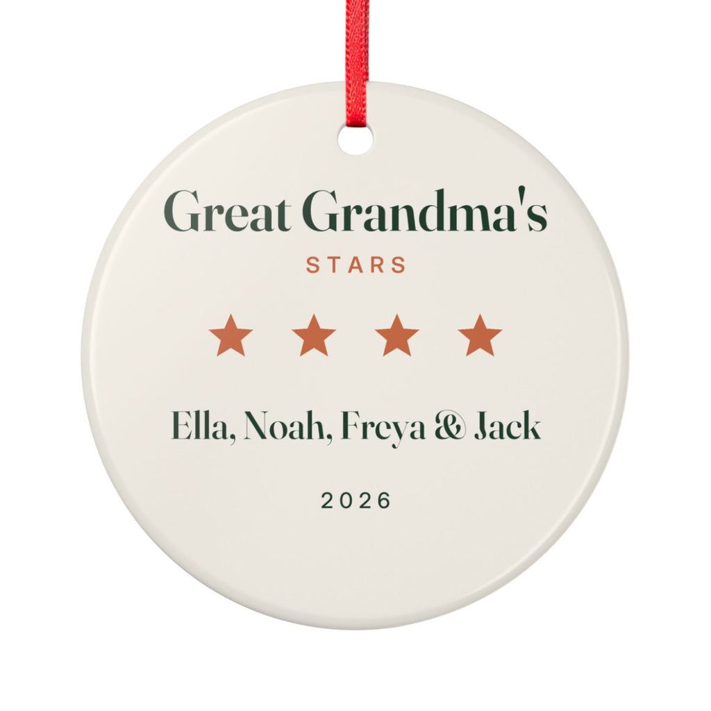 Personalised Great Grandparents ceramic ornament mock-up, a round ornament on a red ribbon printed 'Great Grandma's Stars'