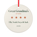 Personalised Great Grandparents ceramic ornament mock-up, a round ornament on a red ribbon printed 'Great Grandma's Stars'