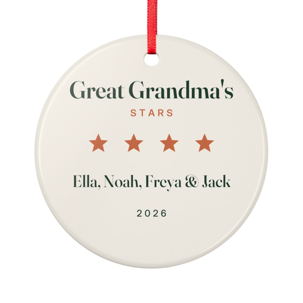 Personalised Great Grandparents ceramic ornament mock-up, a round ornament on a red ribbon printed 'Great Grandma's Stars'