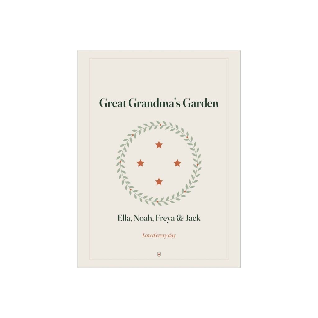 Personalised Great Grandparents print mock-up printed 'Great Grandma's Garden', a leafy wreath with four stars and names