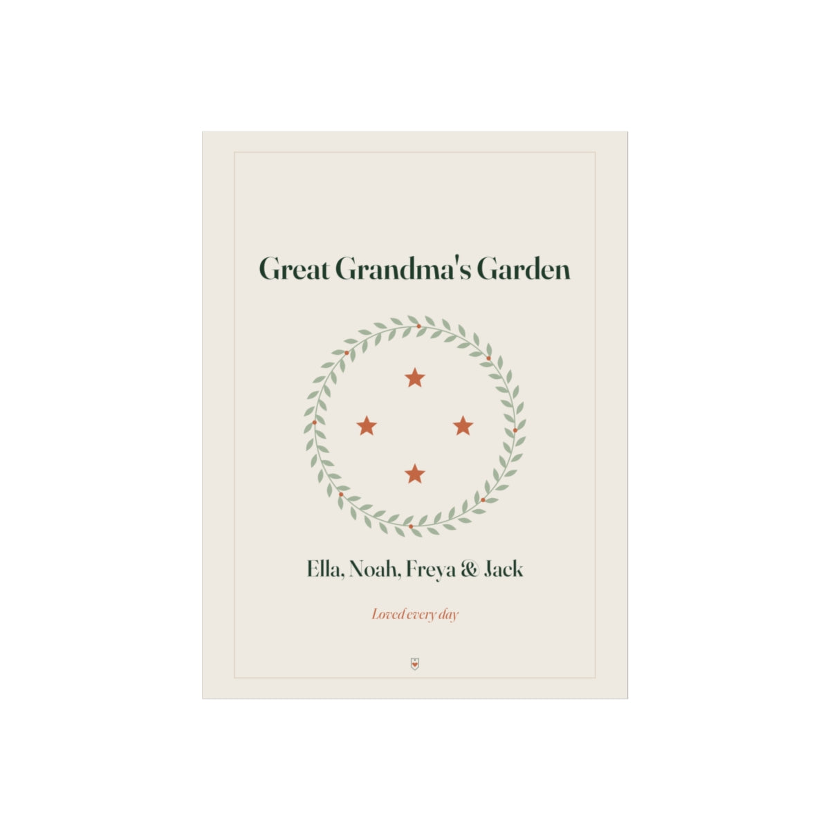 Personalised Great Grandparents print mock-up printed 'Great Grandma's Garden', a leafy wreath with four stars and names