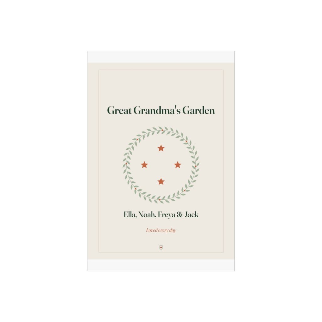 Great Grandma's Garden print mock-up on a taller sheet with white margins, wreath, four stars and 'Loved every day'