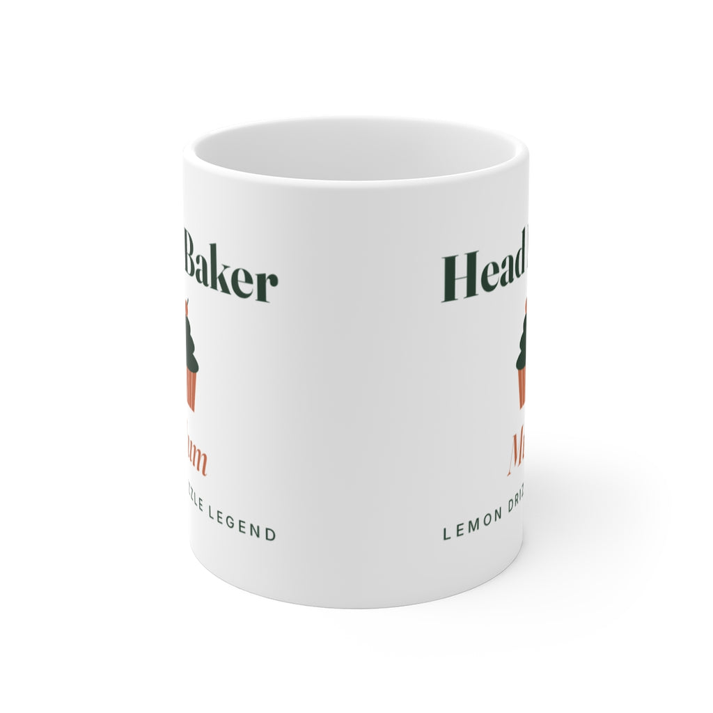 Head Baker mug mock-up seen front-on with the handle hidden, showing the cupcake design printed on both sides of the mug