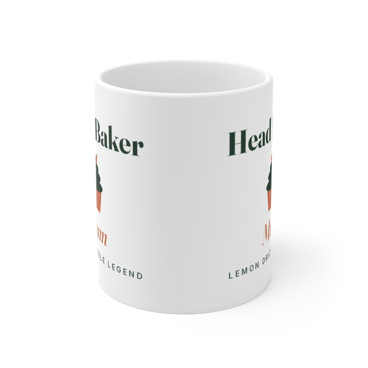 Head Baker mug mock-up seen front-on with the handle hidden, showing the cupcake design printed on both sides of the mug