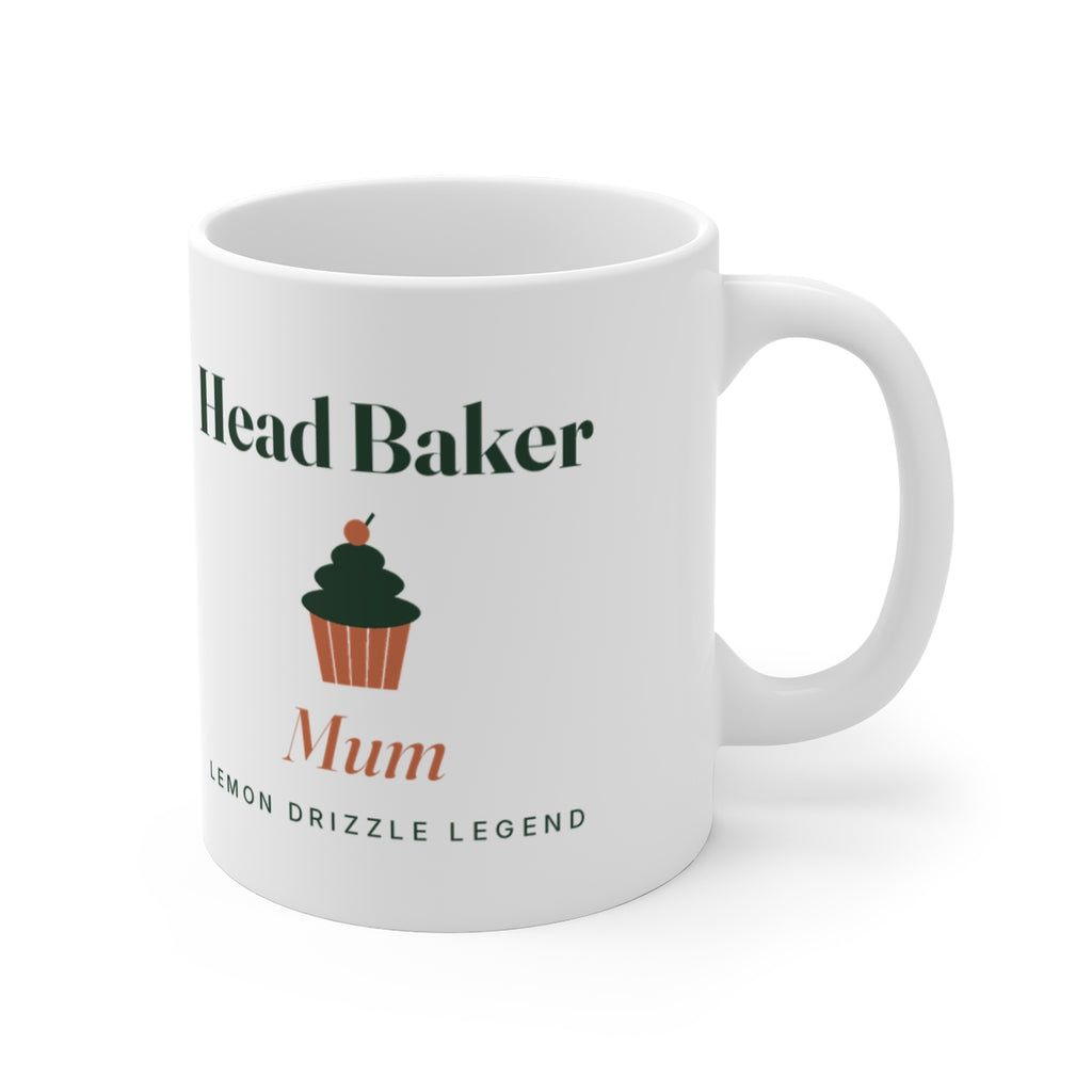 Head Baker mug mock-up seen from the other side, handle on the right, cupcake design with 'Mum' and 'Lemon drizzle legend'