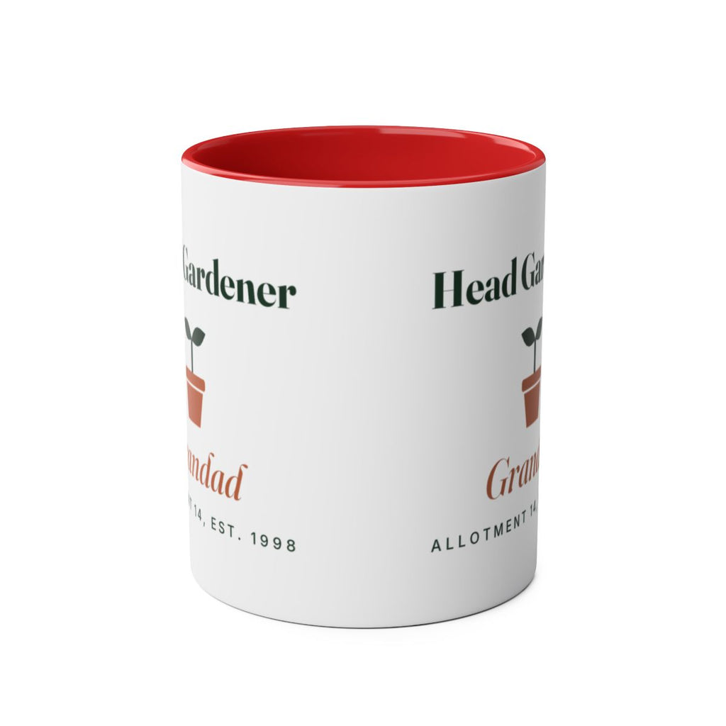 Head Gardener two-tone mug in red seen front-on with the handle hidden, showing the design printed on both sides of the mug