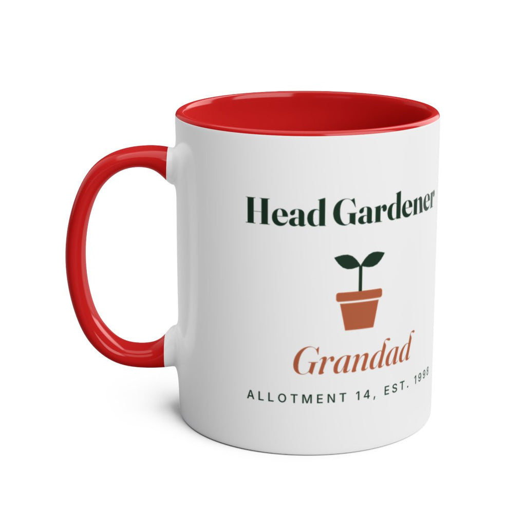 Personalised Head Gardener two-tone mug mock-up, red inside and handle, printed 'Head Gardener', seedling and 'Grandad'