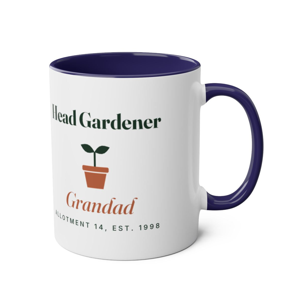 Head Gardener two-tone mug mock-up in dark blue, navy handle on the right, seedling design and sample name 'Grandad'