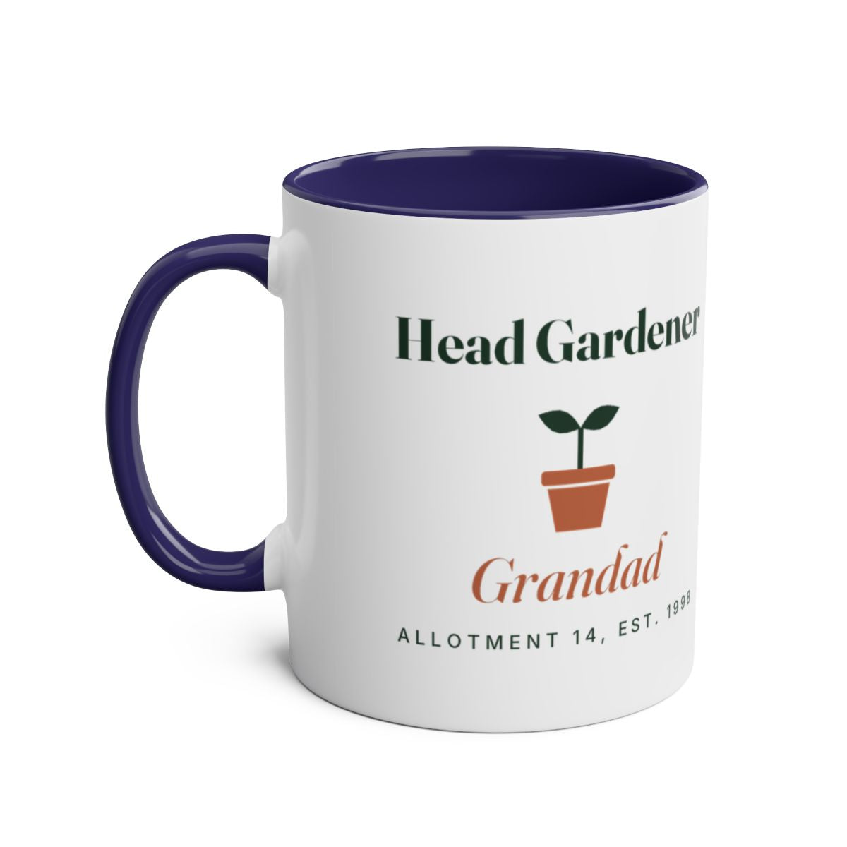 Head Gardener two-tone mug mock-up, dark blue inside and handle on the left, seedling design with 'Grandad'