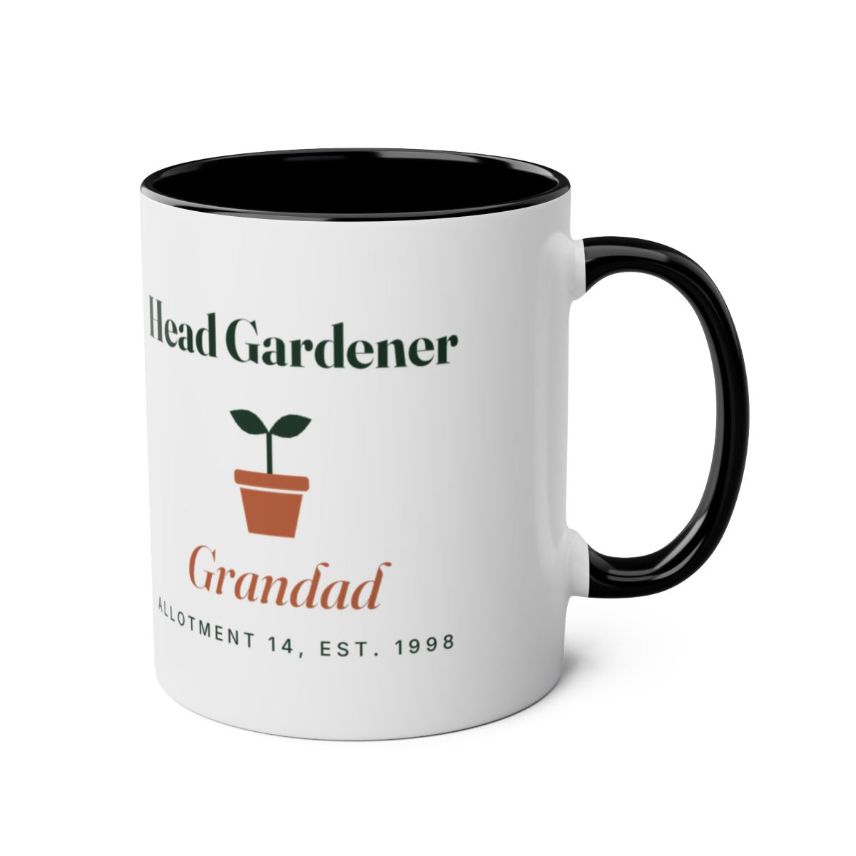 Head Gardener two-tone mug mock-up in black, black handle on the right, seedling design and sample name 'Grandad'