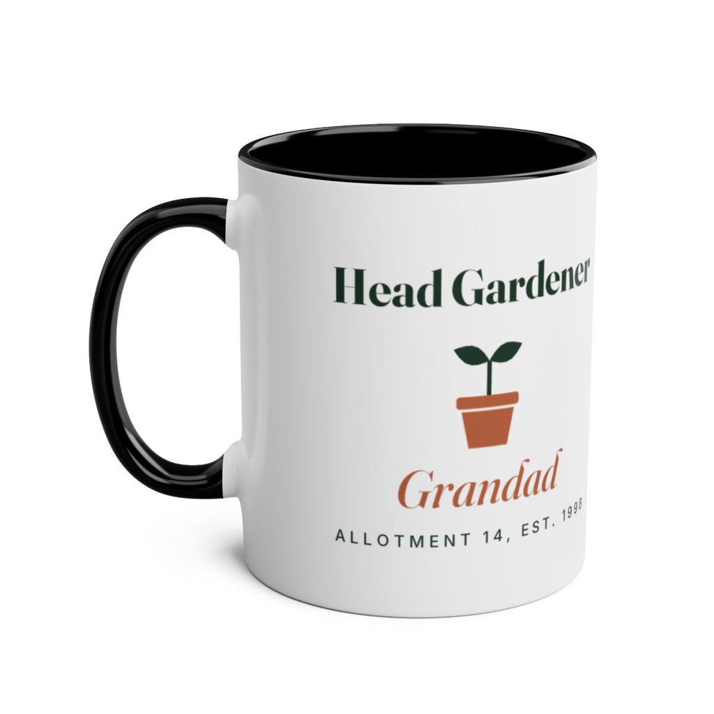 Head Gardener two-tone mug mock-up, black inside and handle on the left, 'Allotment 14, est. 1998' under the name