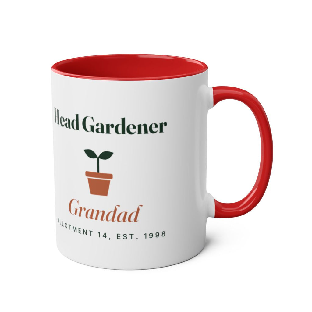 Head Gardener two-tone mug mock-up in red, red handle on the right, seedling design and sample name 'Grandad'