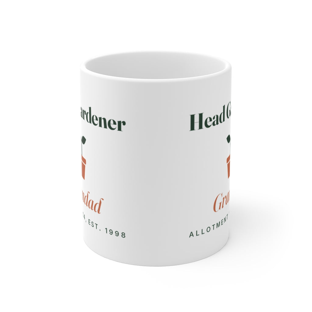 Head Gardener mug mock-up seen front-on with the handle hidden, showing the seedling design printed on both sides of the mug