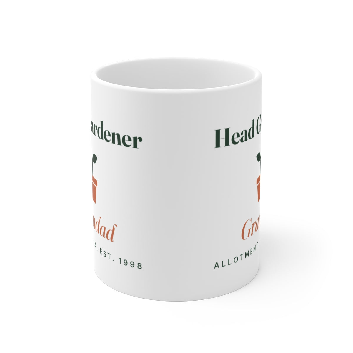 Head Gardener mug mock-up seen front-on with the handle hidden, showing the seedling design printed on both sides of the mug