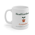 Personalised Head Gardener mug mock-up printed 'Head Gardener', a potted seedling, 'Grandad' and 'Allotment 14, est. 1998'