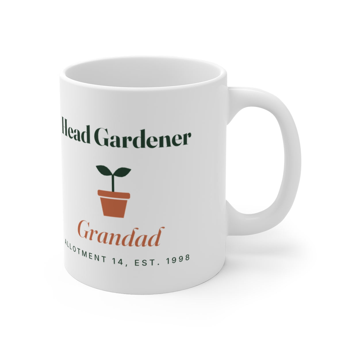 Head Gardener mug mock-up seen from the other side, handle on the right, seedling design with the sample name 'Grandad'