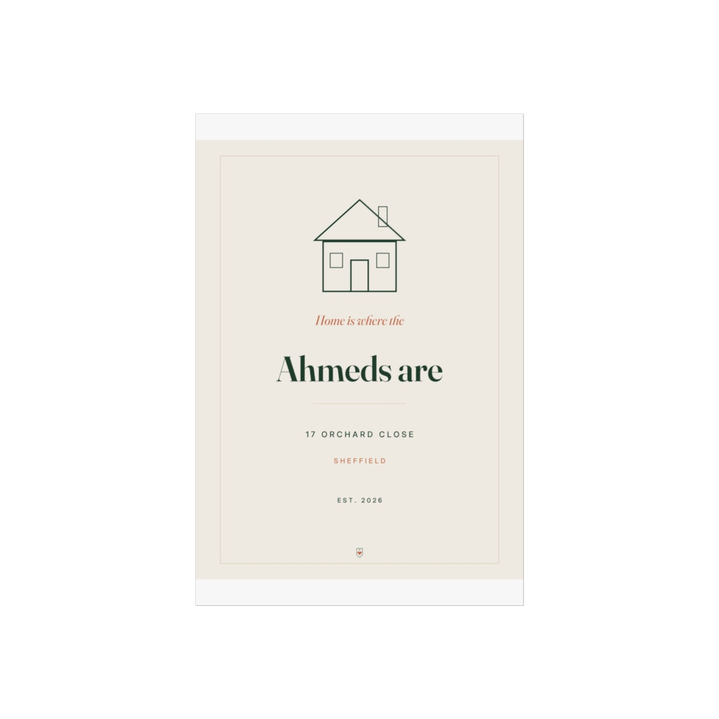 Home print mock-up on a taller sheet with white margins, line-drawn house, 'Ahmeds are', '17 Orchard Close' and 'Sheffield'