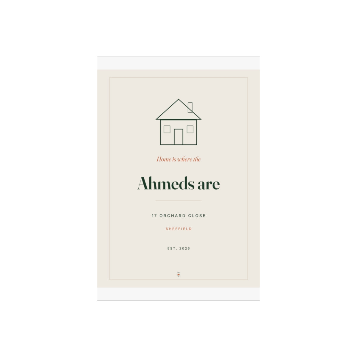 Home print mock-up on a taller sheet with white margins, line-drawn house, 'Ahmeds are', '17 Orchard Close' and 'Sheffield'