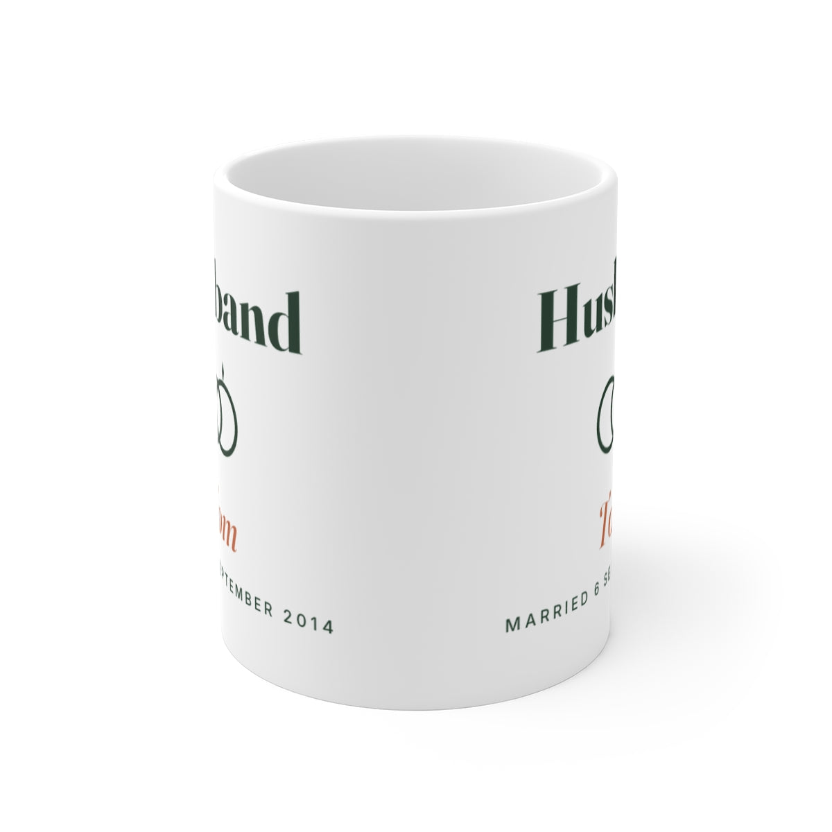 Personalised husband mug mock-up seen from the front, showing the design printed on both sides of the white mug