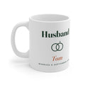 Personalised husband mug mock-up, handle left, printed 'Husband', two linked rings, 'Tom' and 'Married 6 September 2014'