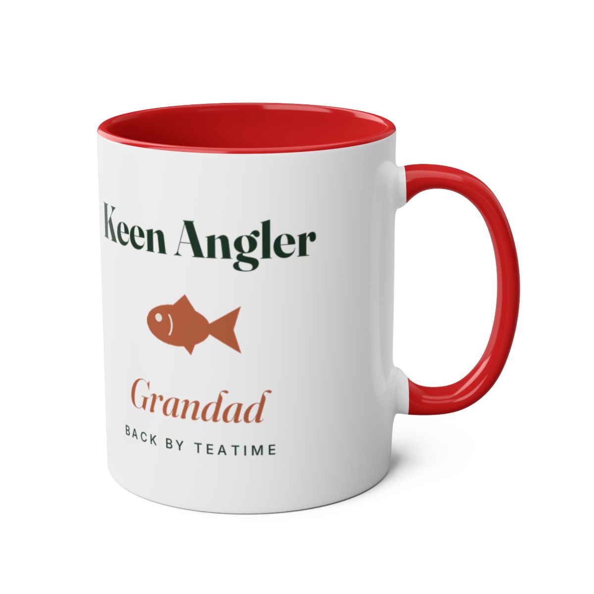 Personalised keen angler two-tone mug mock-up in red with the handle on the right, showing 'Grandad' and 'Back by teatime'