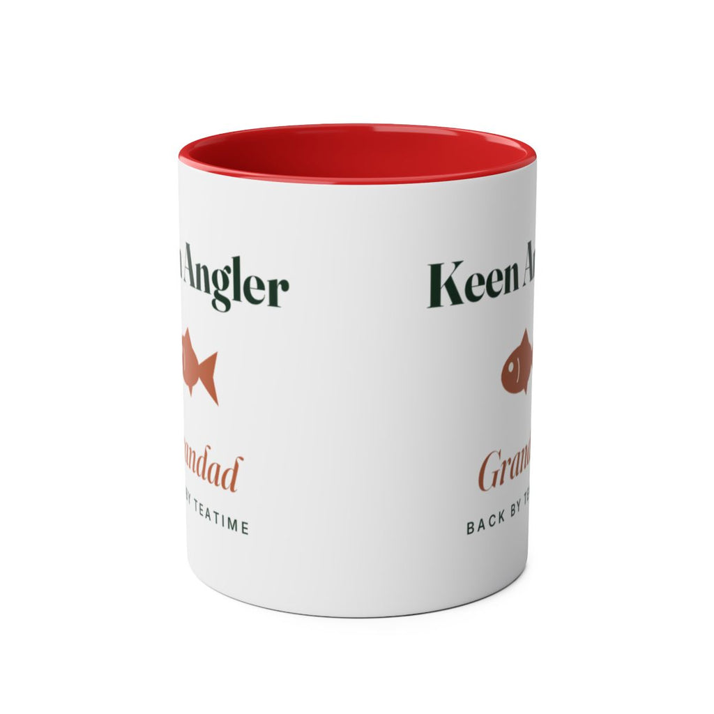 Personalised keen angler two-tone mug mock-up in red seen from the front, with the design printed on both sides