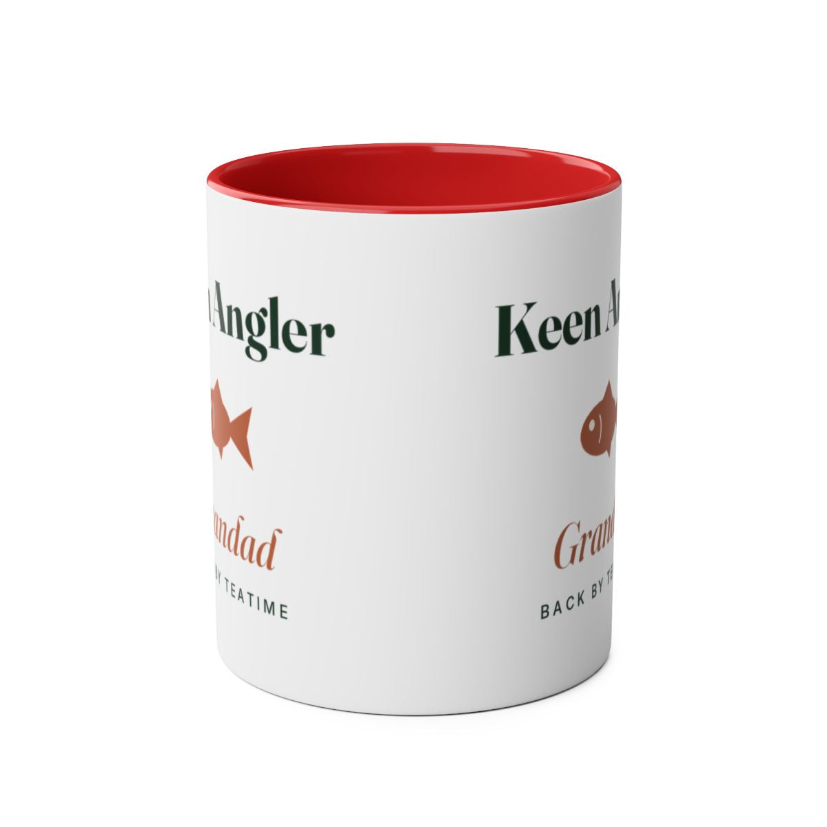 Personalised keen angler two-tone mug mock-up in red seen from the front, with the design printed on both sides
