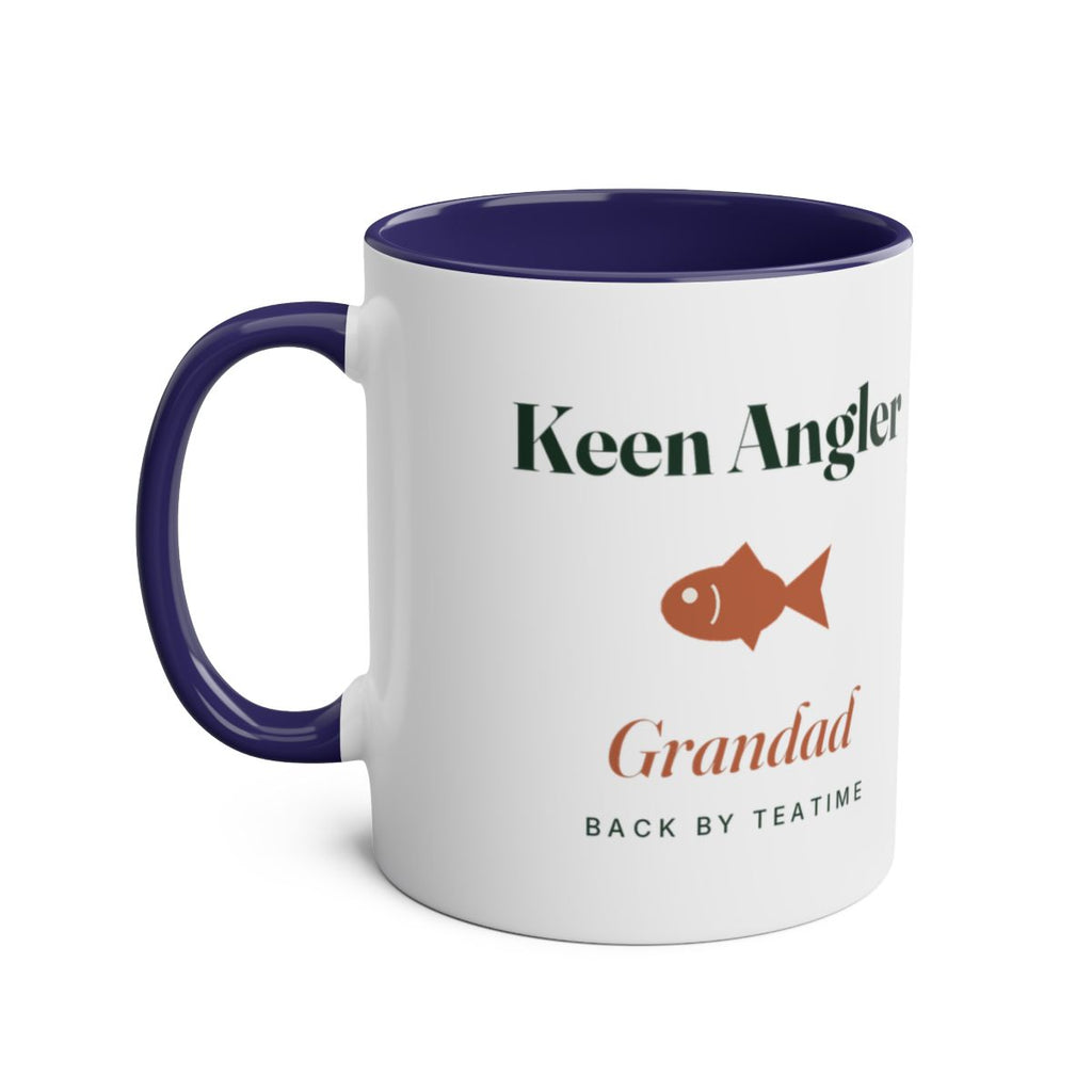 Personalised keen angler two-tone mug mock-up with dark blue handle and inside, handle on the left, showing the fish motif