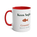 Personalised keen angler two-tone mug mock-up, red inside, printed 'Keen Angler', a fish, 'Grandad' and 'Back by teatime'