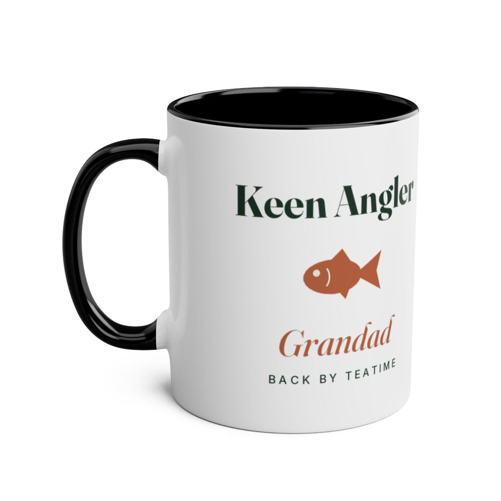Personalised keen angler two-tone mug mock-up with black handle and inside, handle on the left, showing the fish motif