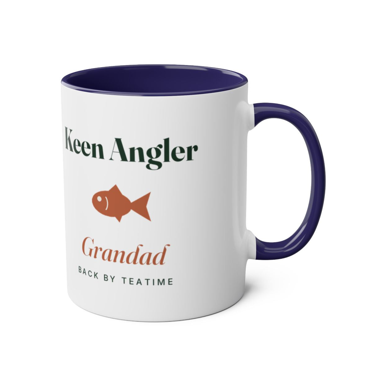 Personalised keen angler two-tone mug mock-up in dark blue with the handle on the right, showing the fish and sample name
