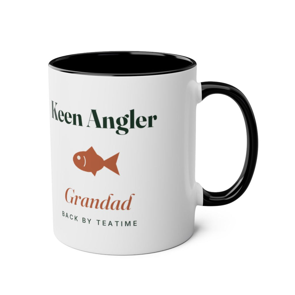 Personalised keen angler two-tone mug mock-up in black with the handle on the right, showing the fish and sample name
