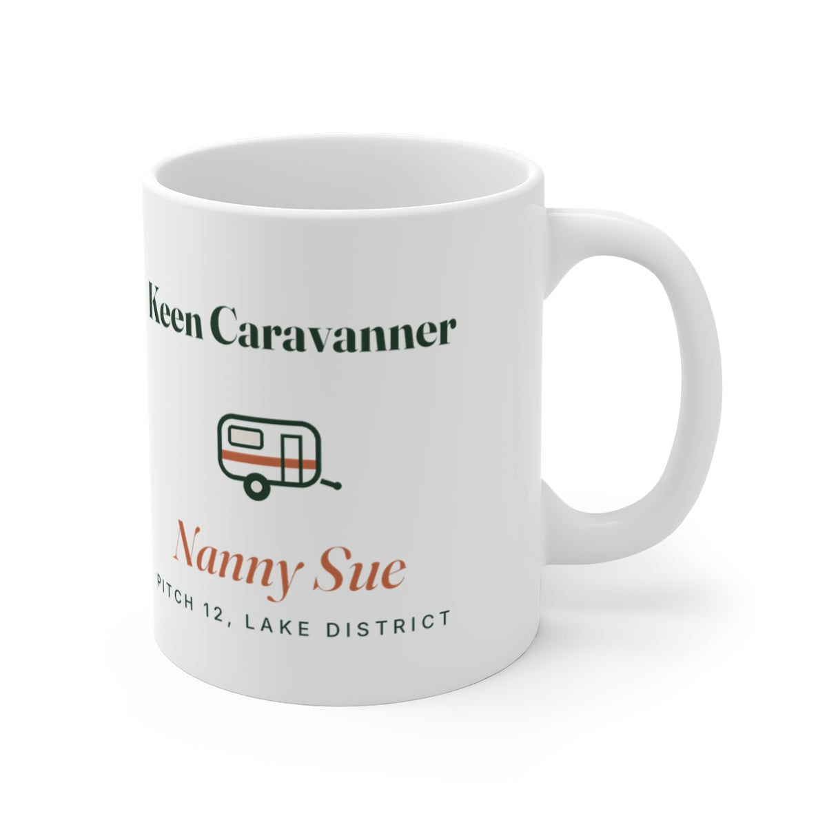Personalised keen caravanner mug mock-up with the handle on the right, showing the caravan with a terracotta stripe