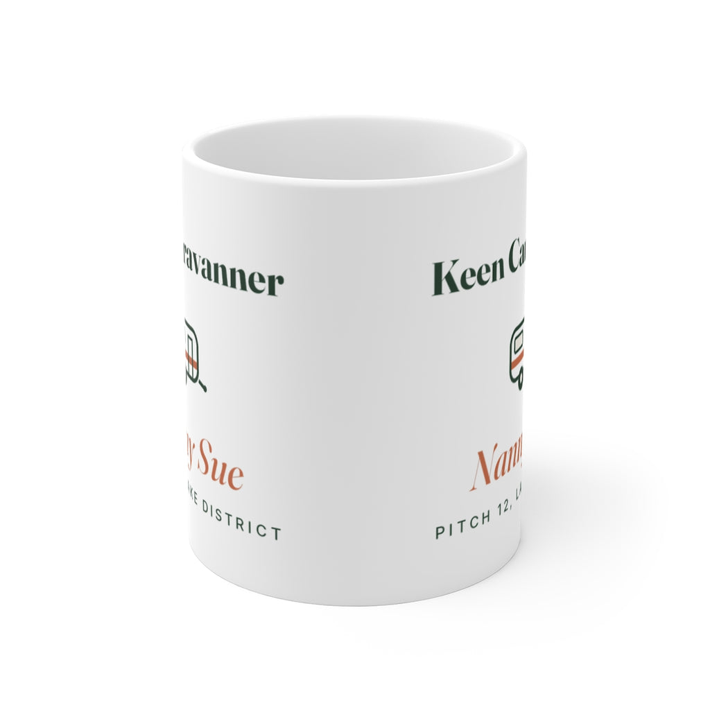 Personalised keen caravanner mug mock-up seen from the front, showing the design printed on both sides of the white mug