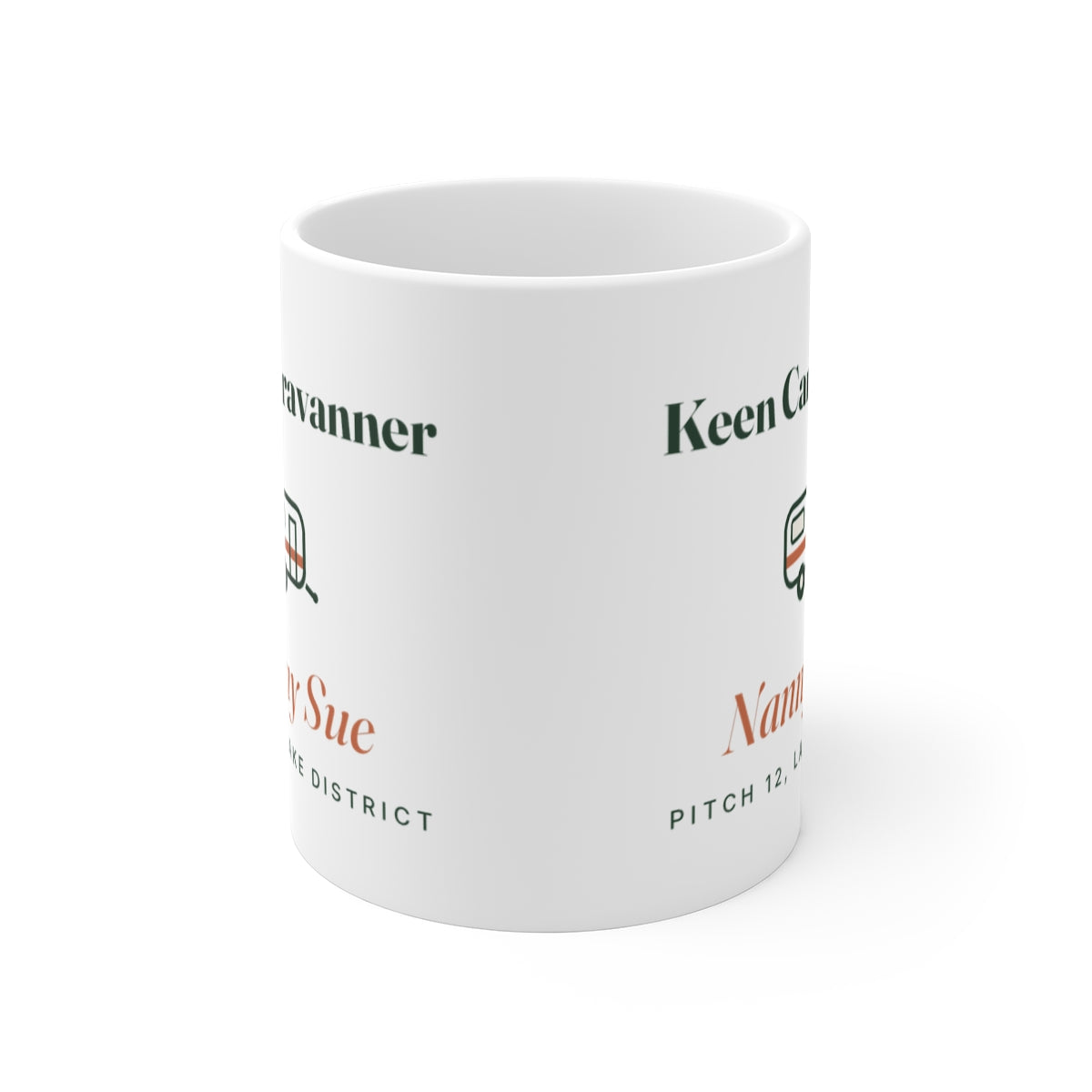 Personalised keen caravanner mug mock-up seen from the front, showing the design printed on both sides of the white mug
