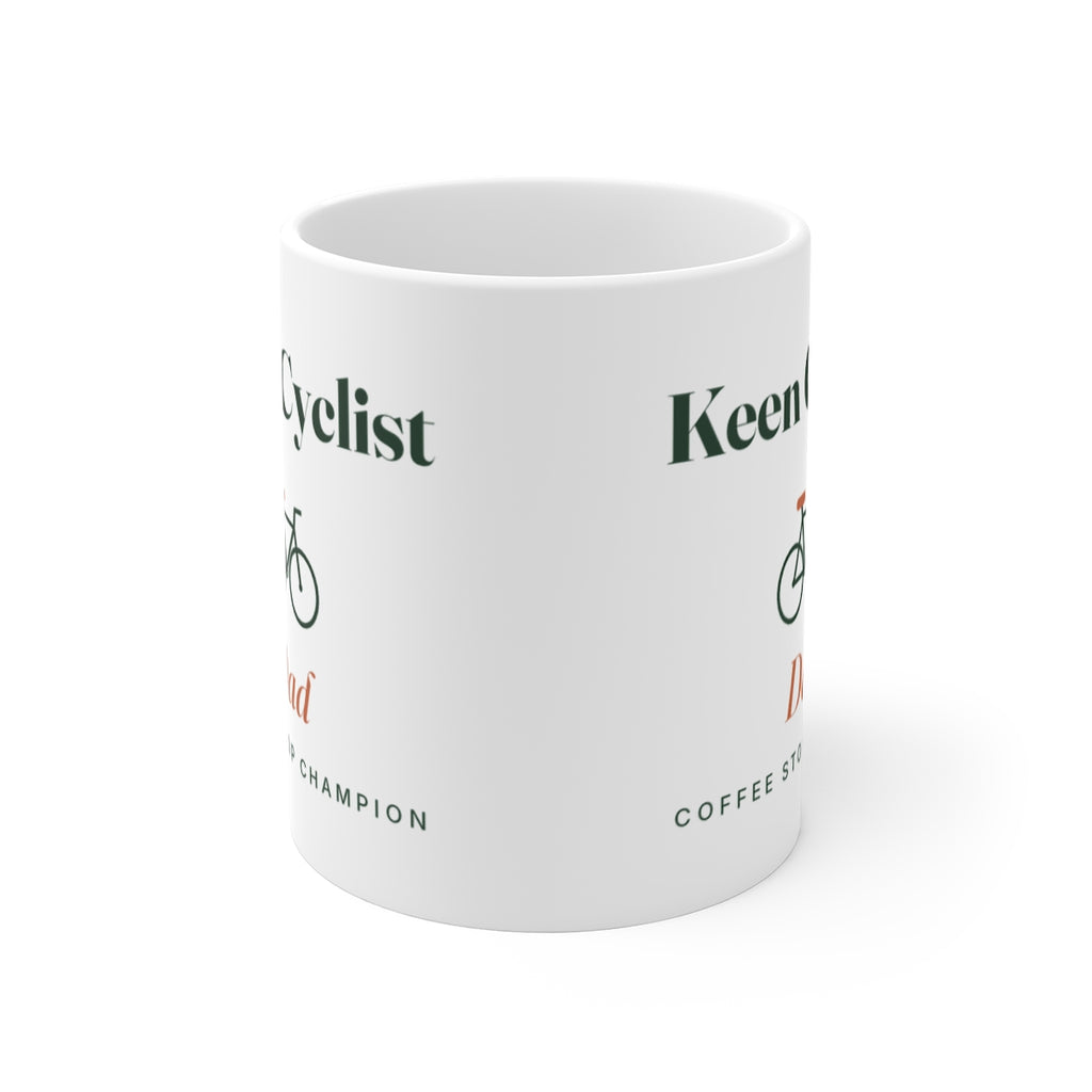 Personalised keen cyclist mug mock-up seen from the front, showing the design printed on both sides of the white mug