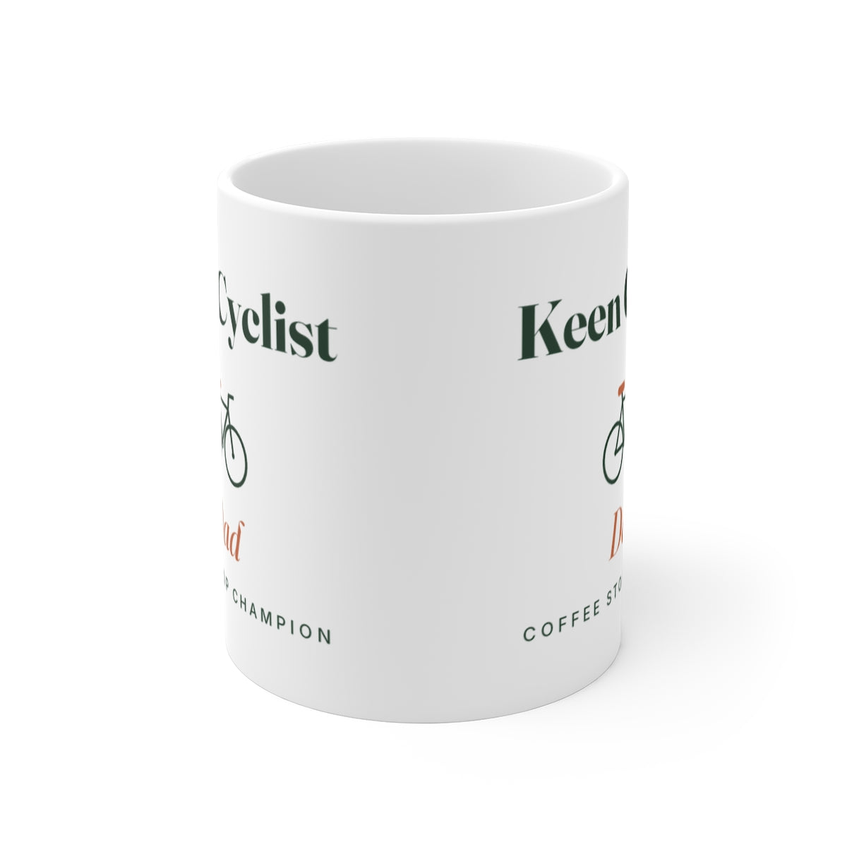 Personalised keen cyclist mug mock-up seen from the front, showing the design printed on both sides of the white mug