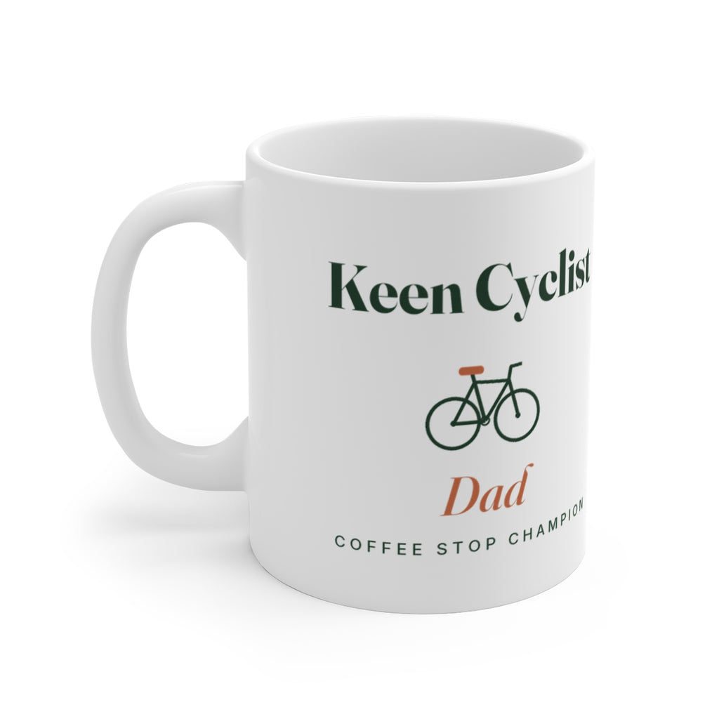 Personalised keen cyclist mug mock-up, handle on the left, with a bicycle, 'Dad' and 'Coffee stop champion'