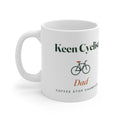 Personalised keen cyclist mug mock-up, handle on the left, with a bicycle, 'Dad' and 'Coffee stop champion'
