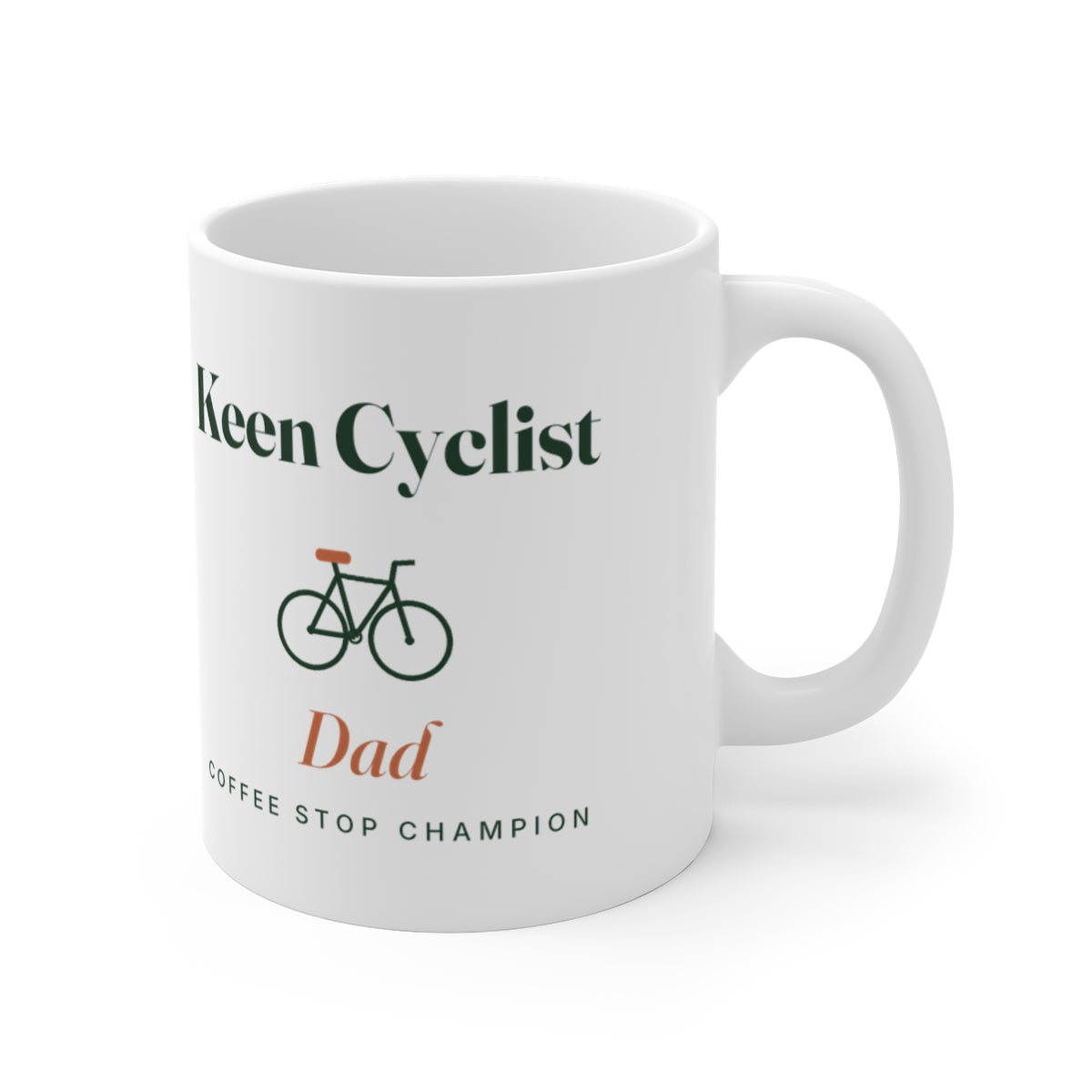 Personalised keen cyclist mug mock-up with the handle on the right, showing the bicycle with a terracotta saddle