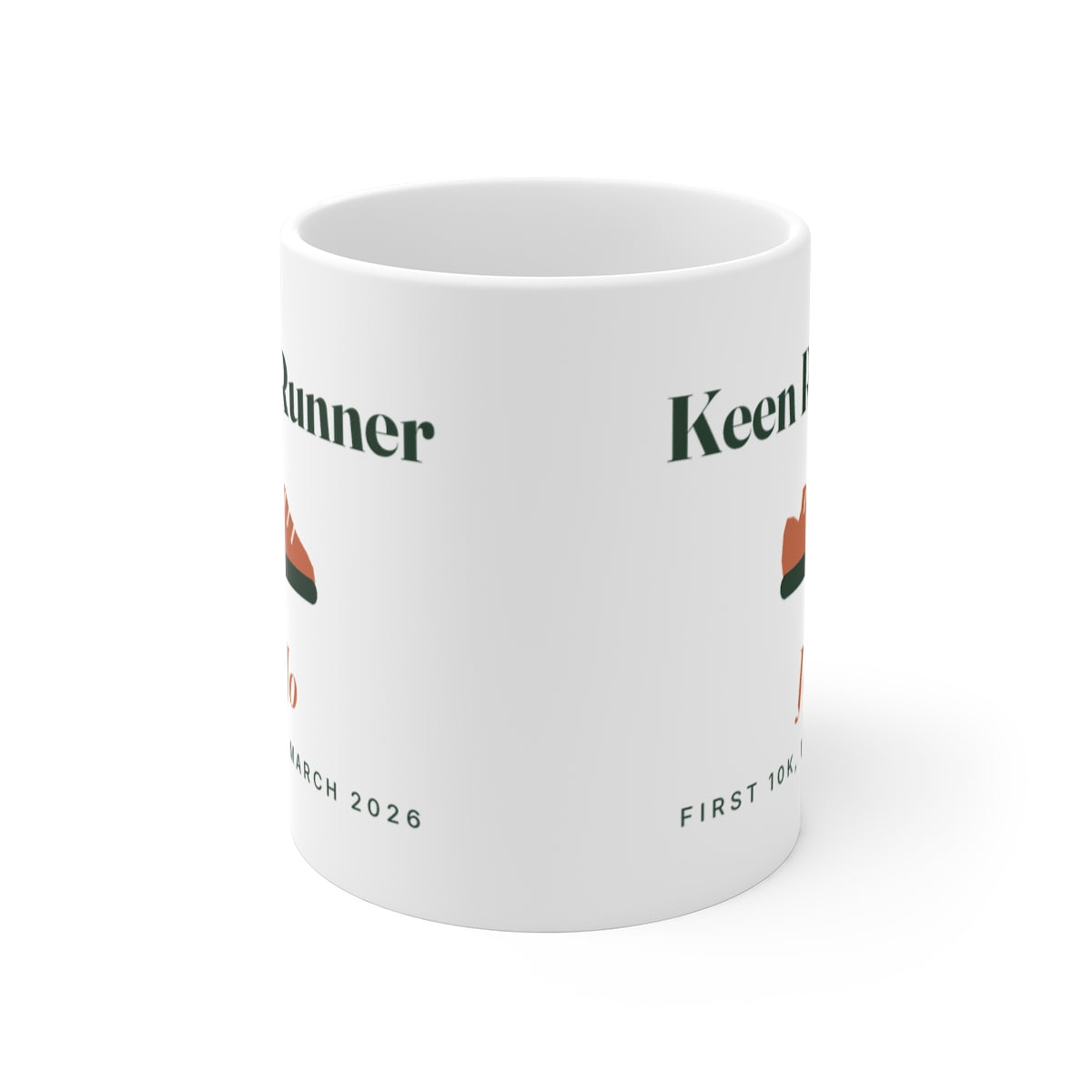 Personalised keen runner mug mock-up seen from the front, showing the design printed on both sides of the white mug