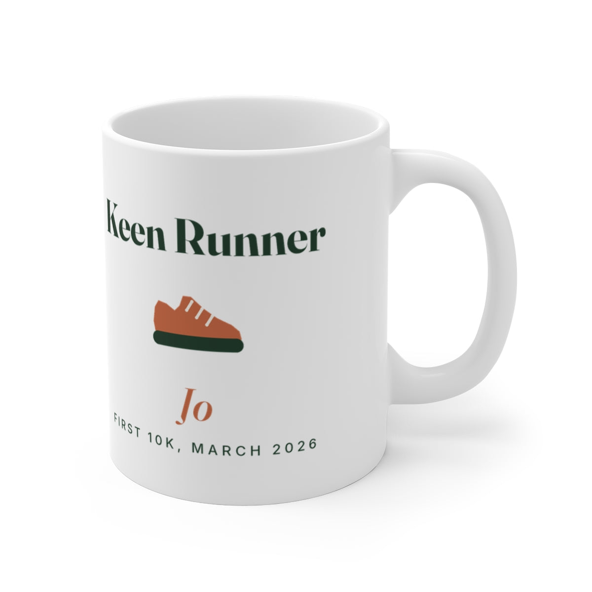 Personalised keen runner mug mock-up with the handle on the right, showing the running shoe and sample name 'Jo'