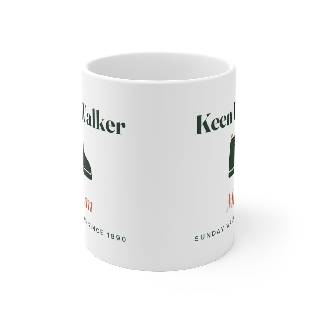Personalised keen walker mug mock-up seen from the front, showing the design printed on both sides of the white mug