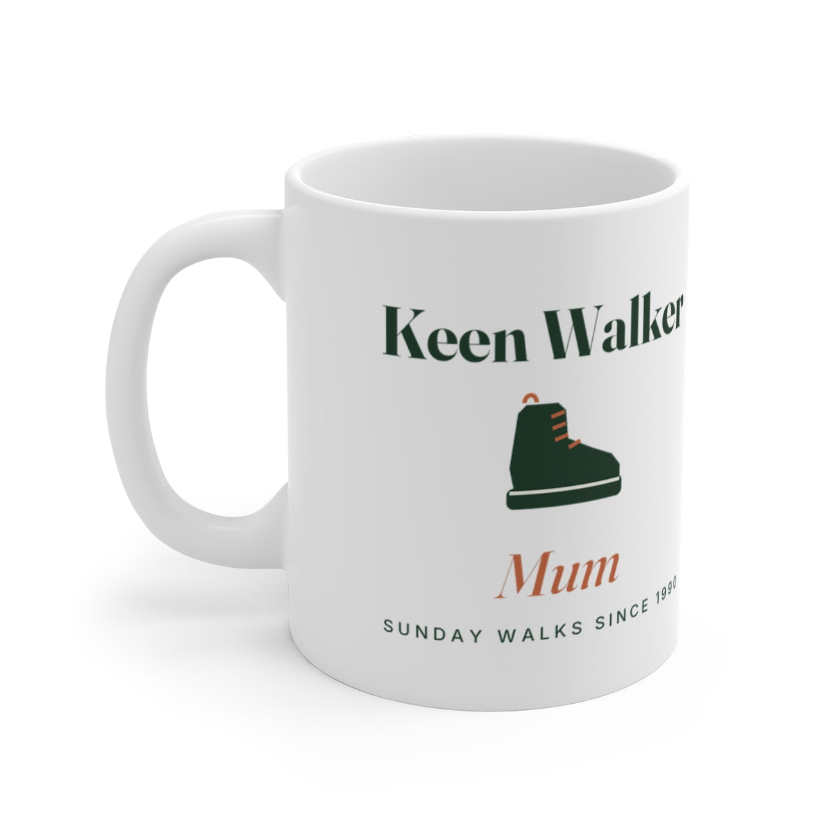 Personalised keen walker mug mock-up, handle on the left, with a walking boot, 'Mum' and 'Sunday walks since 1990'