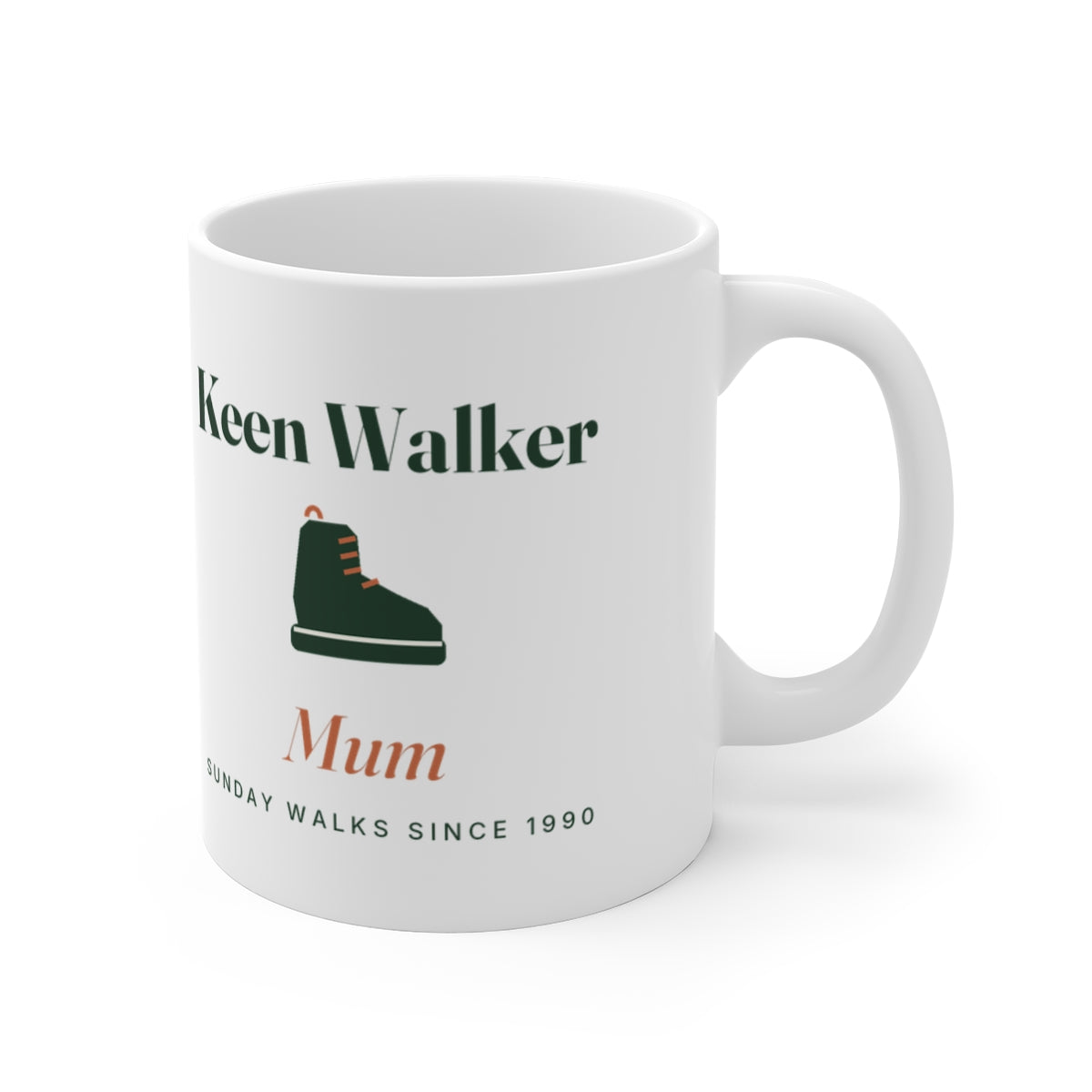 Personalised keen walker mug mock-up with the handle on the right, showing the green boot with terracotta laces