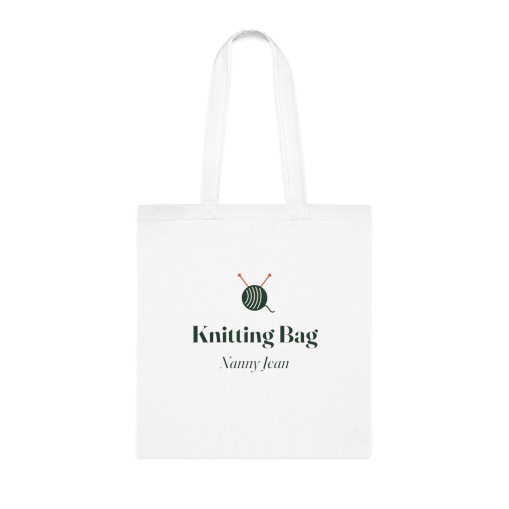 Personalised knitting and crochet tote bag mock-up, white cotton with a ball of yarn, 'Knitting Bag' and 'Nanny Jean'