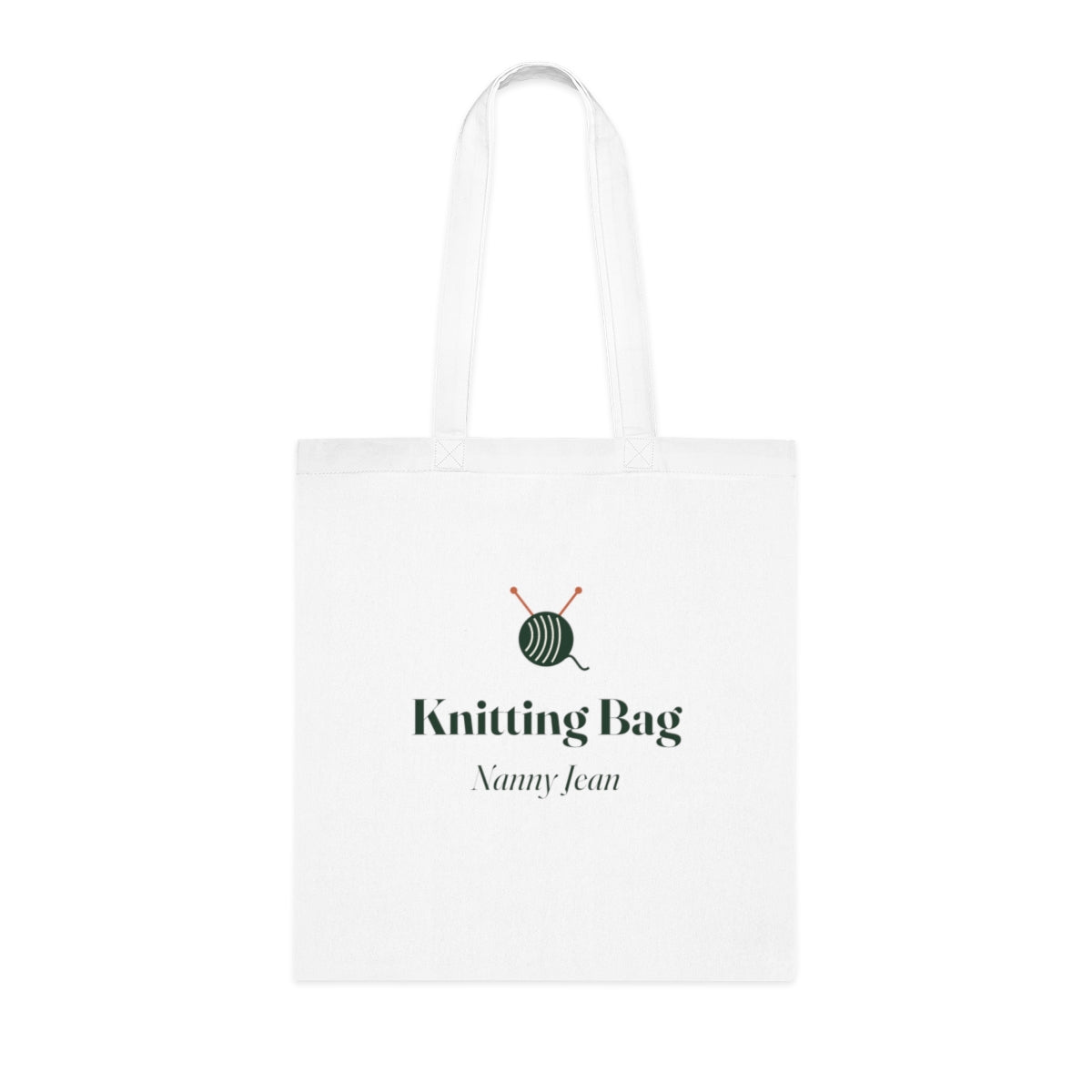 Personalised knitting and crochet tote bag mock-up, white cotton with a ball of yarn, 'Knitting Bag' and 'Nanny Jean'